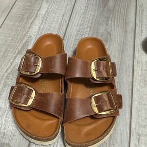 Birkenstock Brown Leather Sandals with Gold Buckles